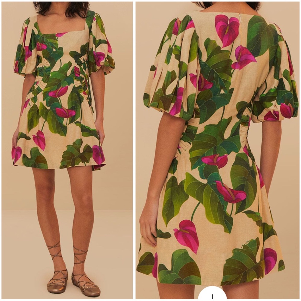Farm Rio NWT Anthurium Leaves Dress Sand, M